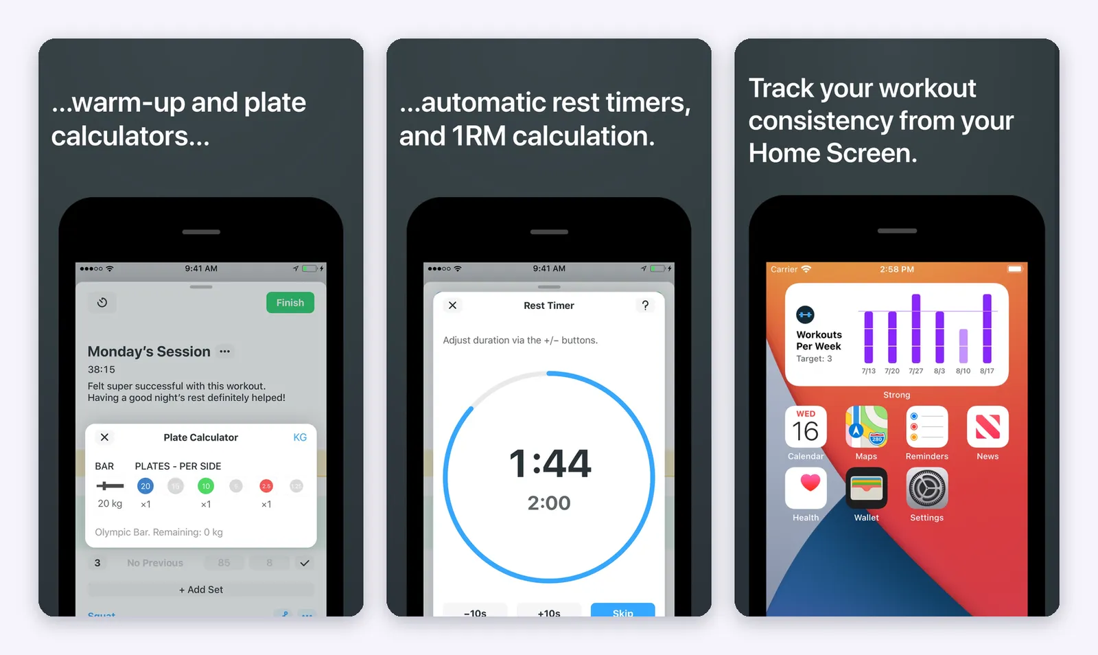 Strong on iPhone with the plate calculator, the rest timer and the workouts per week widget on the Home Screen