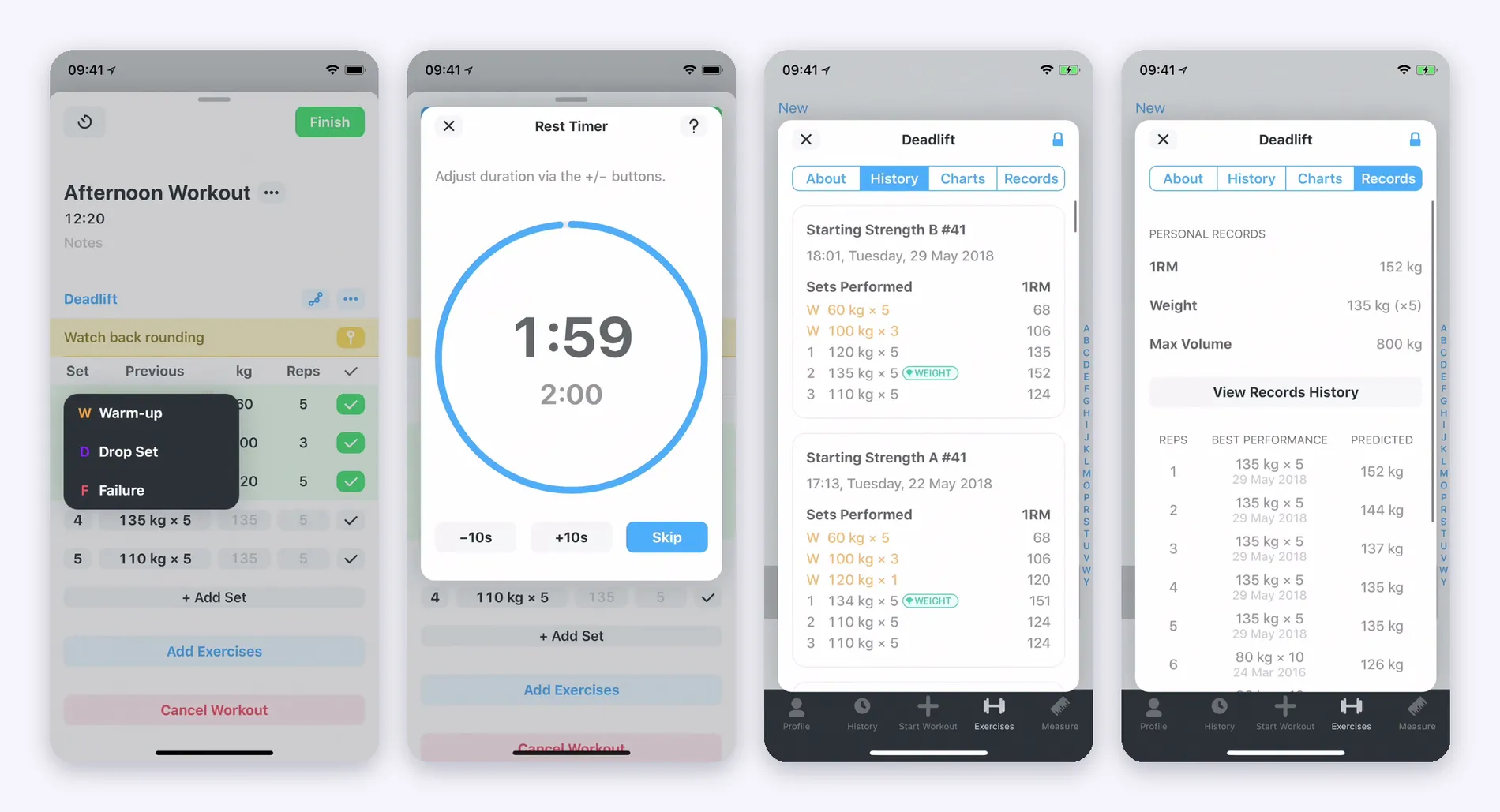 Strong on iPhone: set type menu with warm up, drop and failure, rest timer, exercise chart and records screen with predicted weight by reps