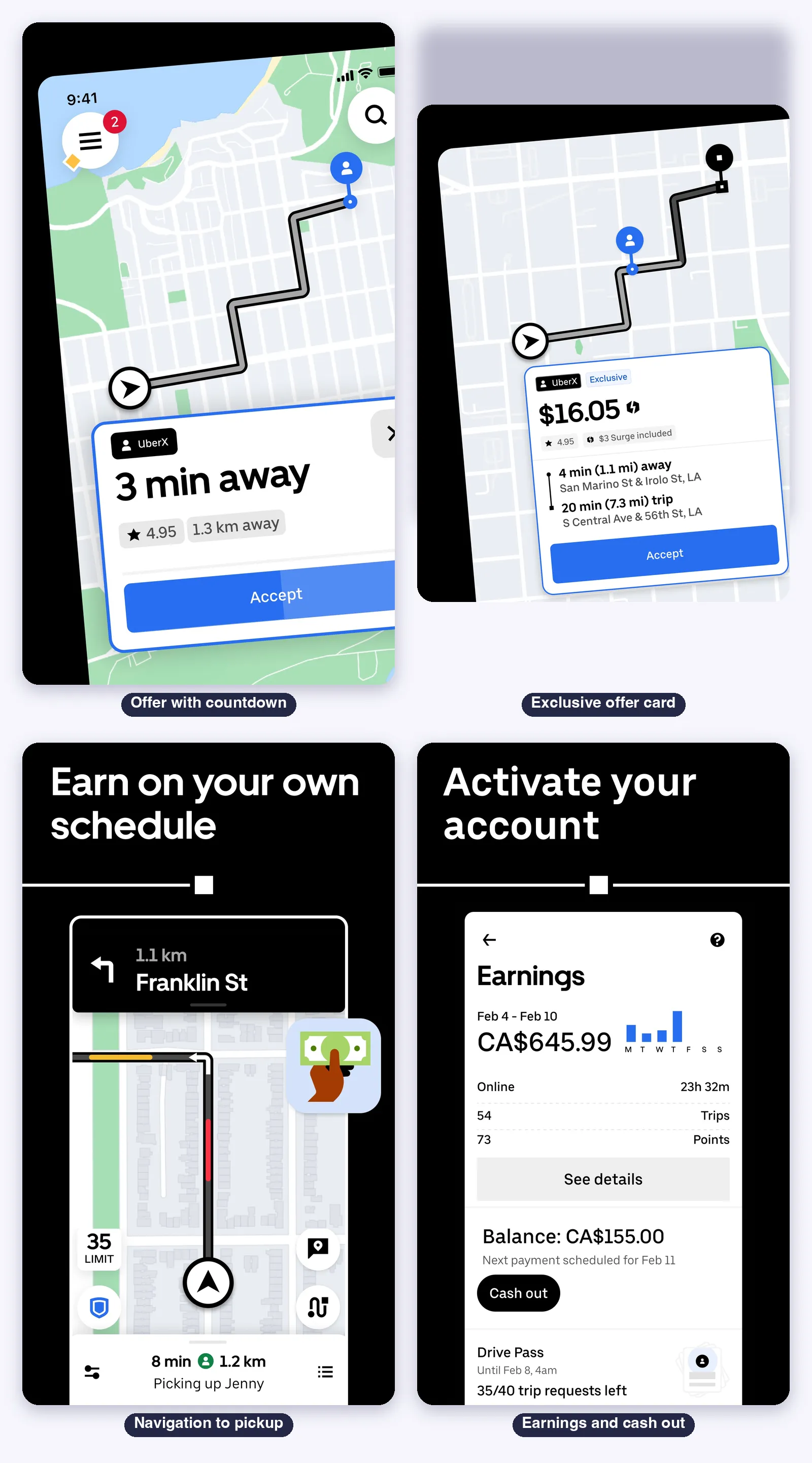 Uber Driver screens: the offer with countdown, the Exclusive offer card with every field, the navigation to pickup and the earnings screen with cash out