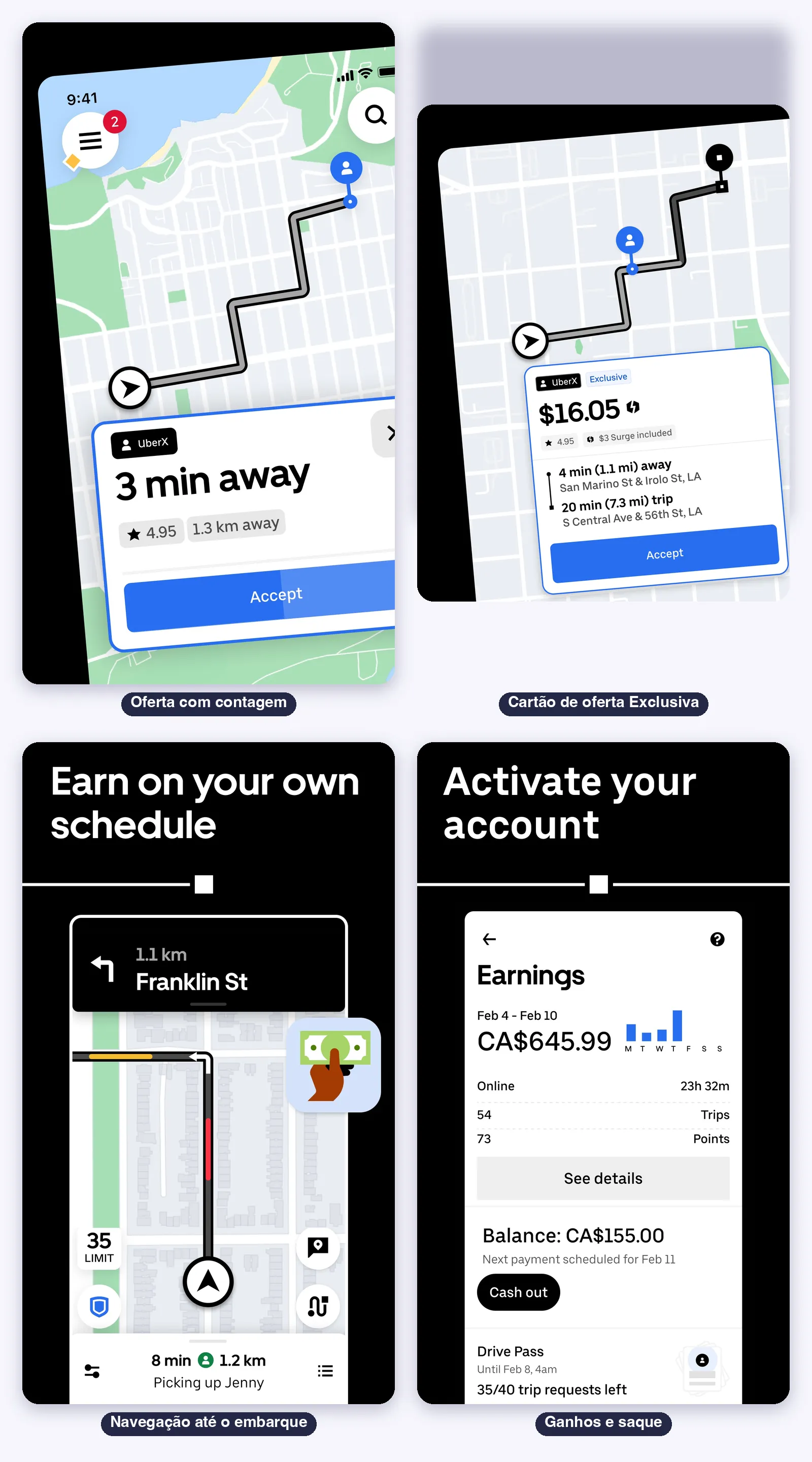 Telas do Uber Motorista: a oferta com contagem, o cartão de oferta Exclusiva com todos os campos, a navegação até o embarque e a tela de ganhos com saque