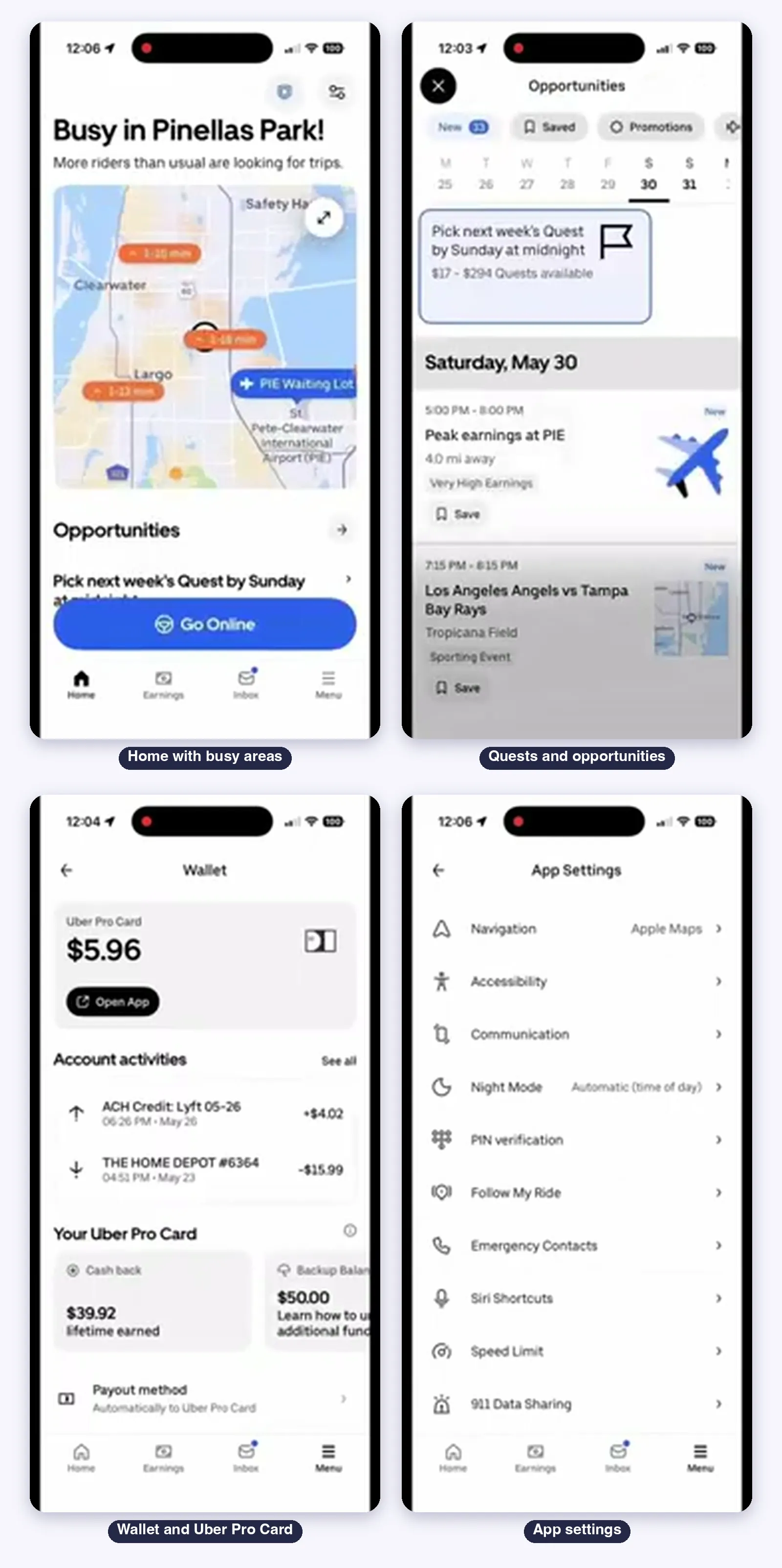Uber Driver in use: home with busy areas, Opportunities with Quests, the Wallet with the Uber Pro Card and the app settings