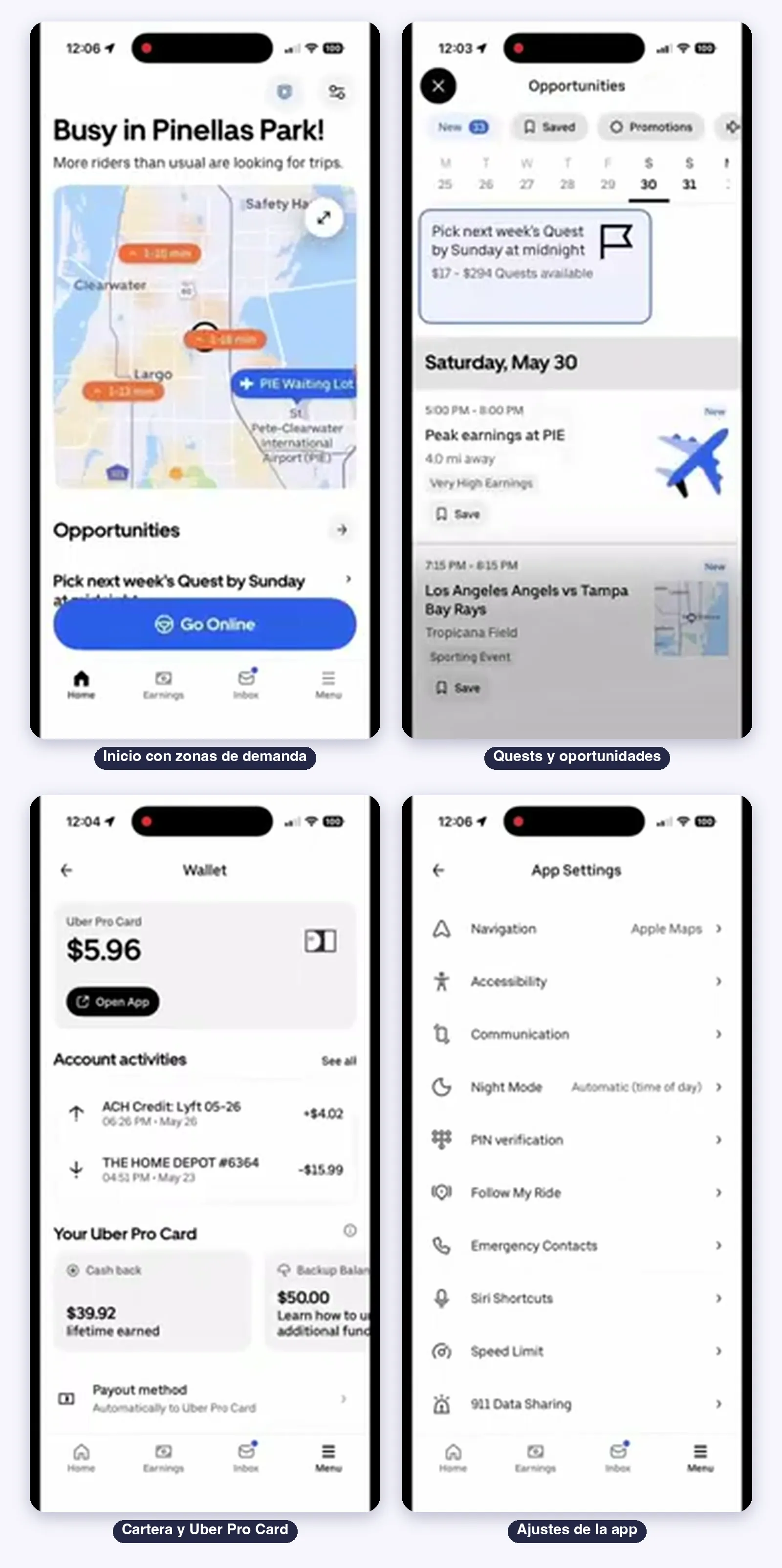 Uber Driver en uso: el inicio con zonas de demanda, las Oportunidades con Quests, la Cartera con la Uber Pro Card y los ajustes de la app